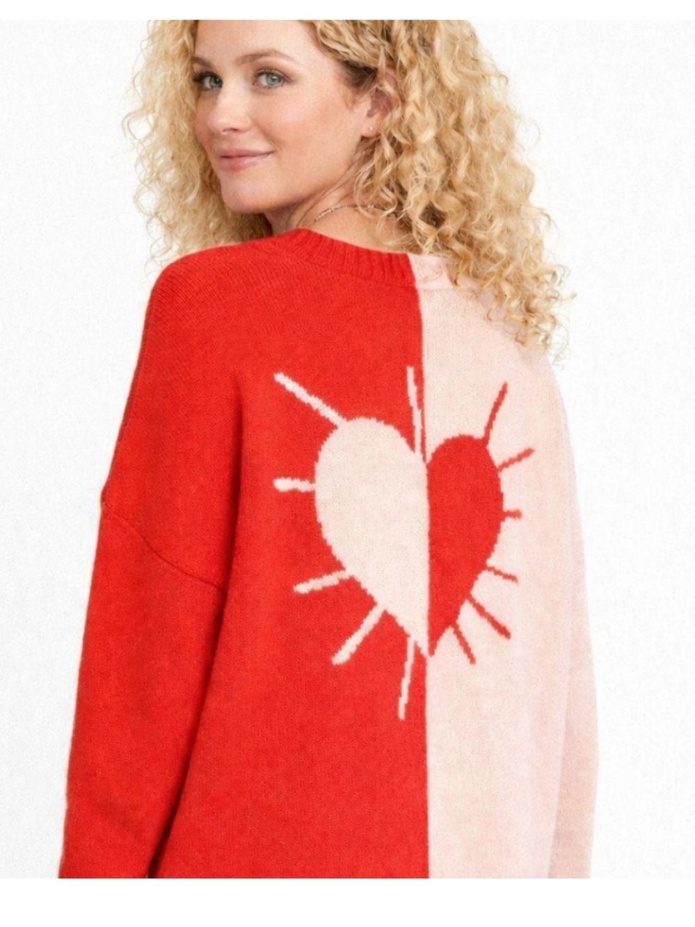 XOKR KERRI Rosenthal pink red heart cotton blend V-neck sweater size medium
